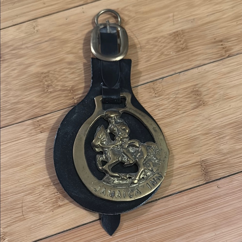 Brass Equestrian Keychain with Black Leather
